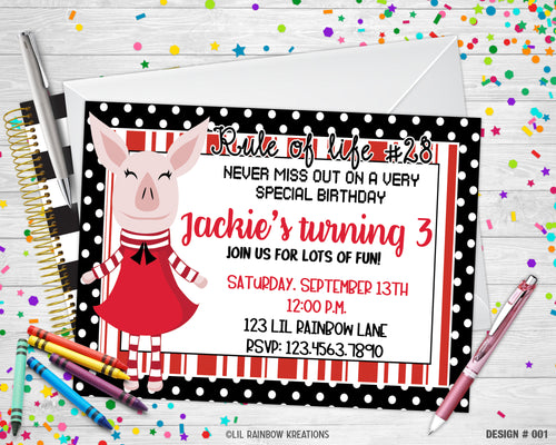 001 | Olivia Pig Party Invitation & Thank You Card