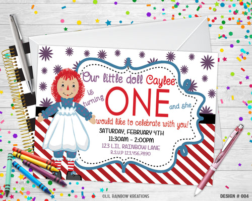 004 | Raggedy Doll Party Invitation & Thank You Card