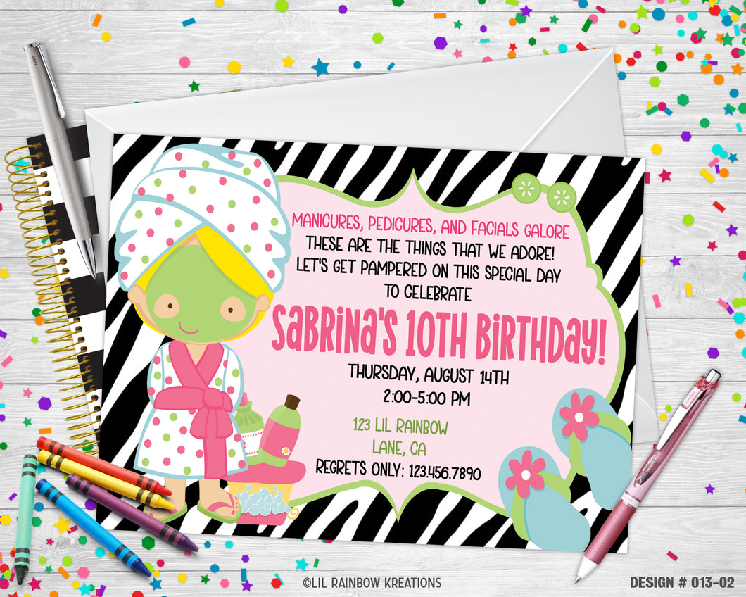 013-2 | Zebra Print Spa Party Invitation & Thank You Card