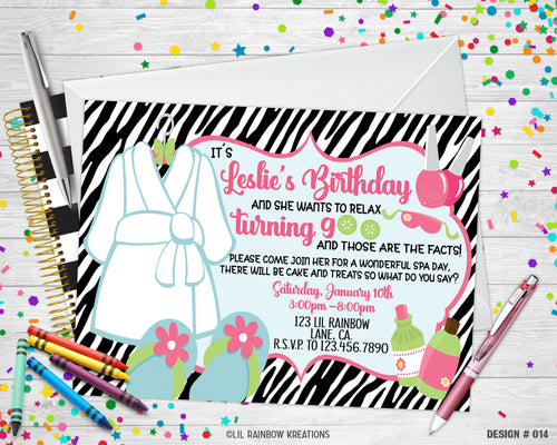 014 | Zebra Print Spa Party Invitation & Thank You Card