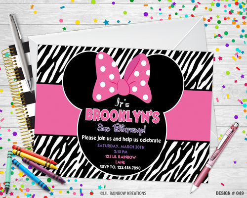 049 | Zebra Print Minnie Mouse Party Invitation & Thank You Card