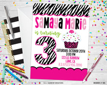 Load image into Gallery viewer, 105 | Zebra Print Cupcake Party Invitation &amp; Thank You Card