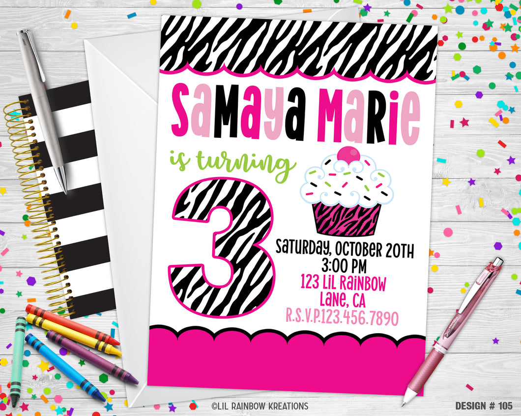 105 | Zebra Print Cupcake Party Invitation & Thank You Card