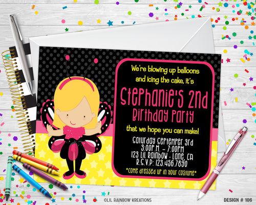 106 | Butterfly Costume Girl Party Invitation & Thank You Card