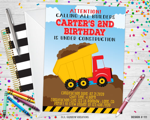111 | Dump Truck Party Invitation & Thank You Card