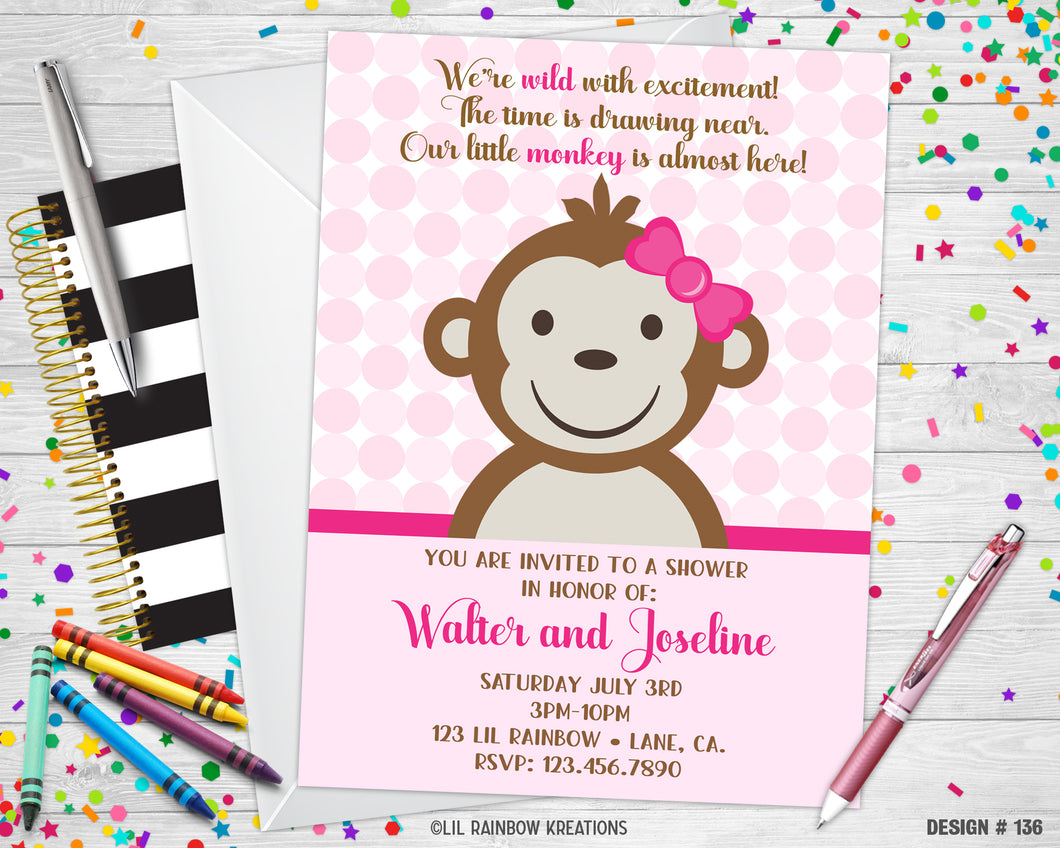 136 | Girl Monkey Baby Shower Invitation & Thank You Card