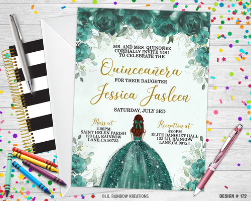172 | Emerald Green Floral Quinceanera Party Invitation