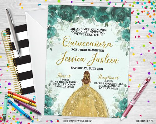 176 | Gold & Emerald Green Floral Quinceanera Party Invitation