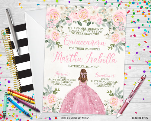 177 | Blush Pink Floral Quinceanera Party Invitation