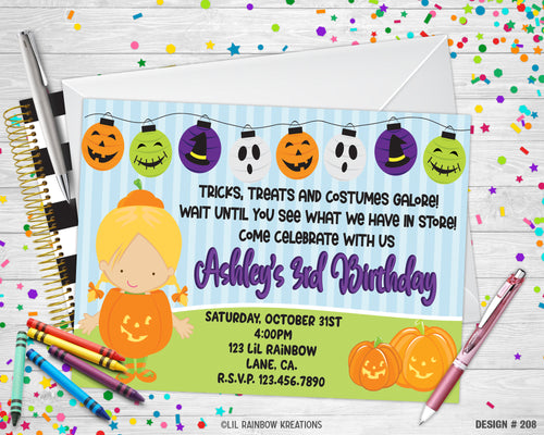 208 | Pumpkin Girl Costume Party Invitation & Thank You Card