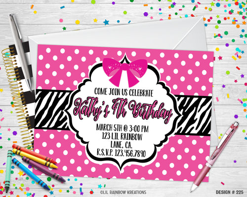 225 | Zebra Print & Pink Party Invitation & Thank You Card