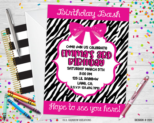 226 | Zebra Print & Hot Pink Party Invitation & Thank You Card