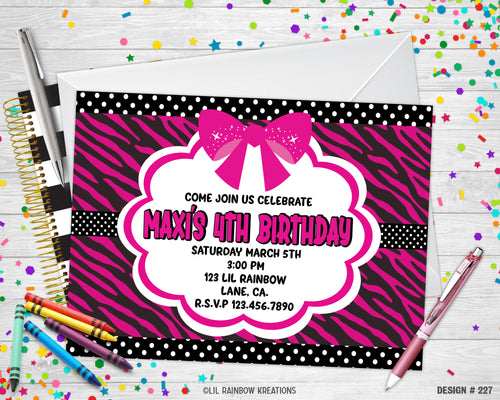 227 | Zebra Print & Hot Pink Party Invitation & Thank You Card
