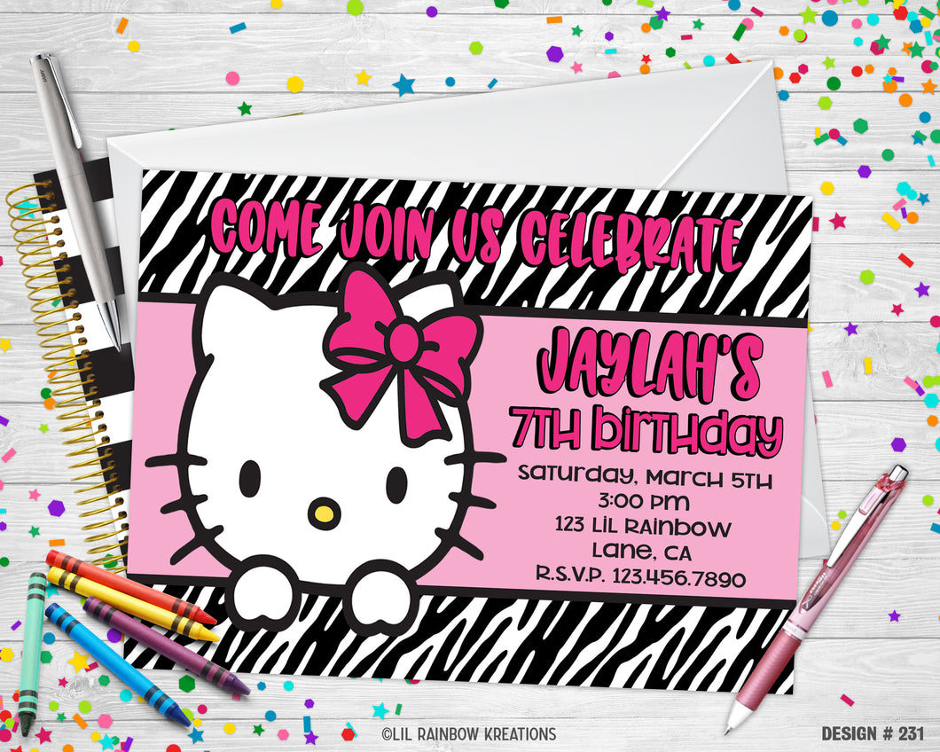 231 | Zebra Print Hello Kitty Party Invitation & Thank You Card