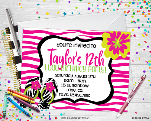 233 | Zebra Print Luau Party Invitation & Thank You Card