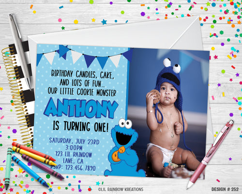 252 | Baby Cookie Monster Party Invitation & Thank You Card