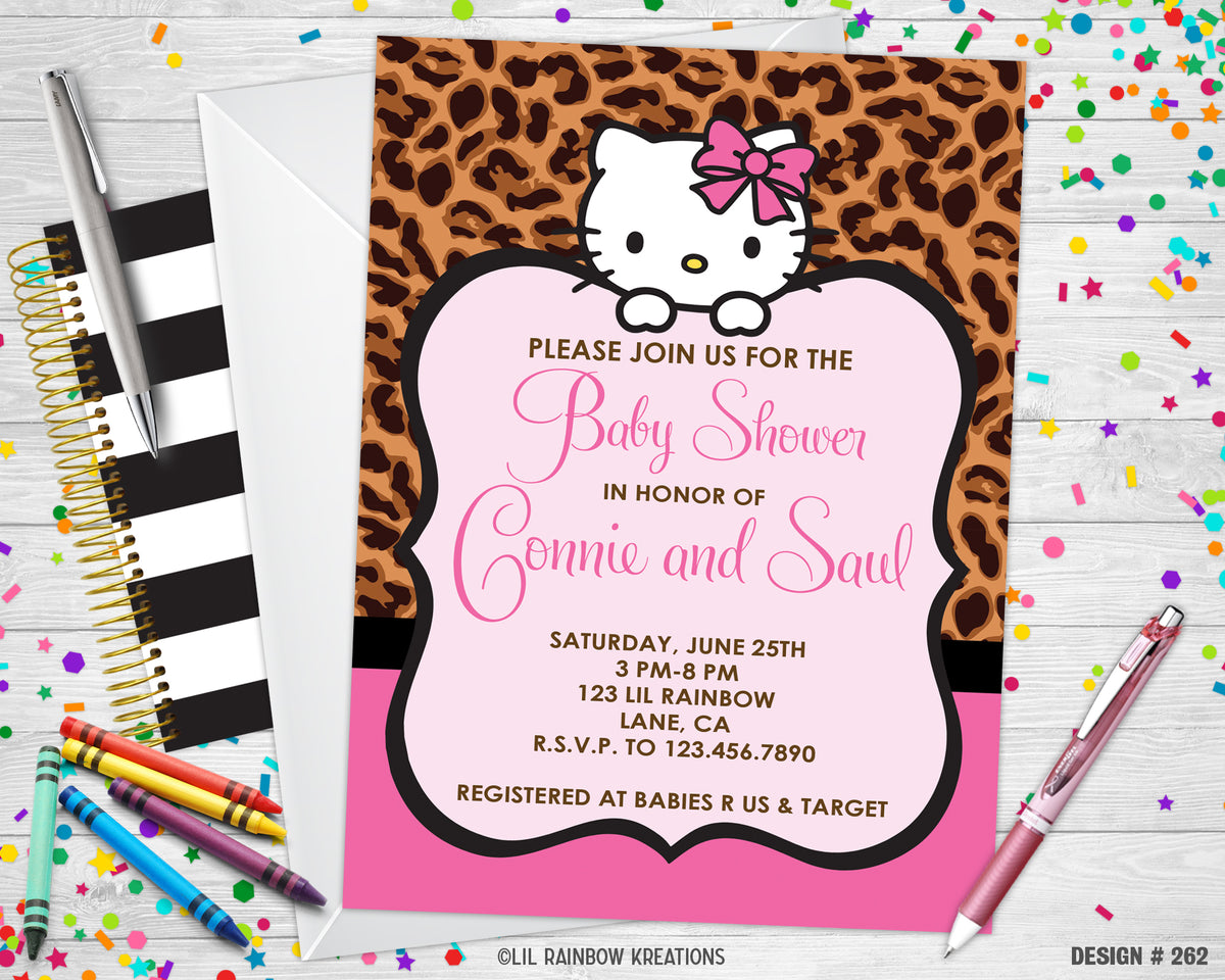 262 | Leopard Print Hello Kitty Baby Shower Invitation &amp; Thank You Car ...