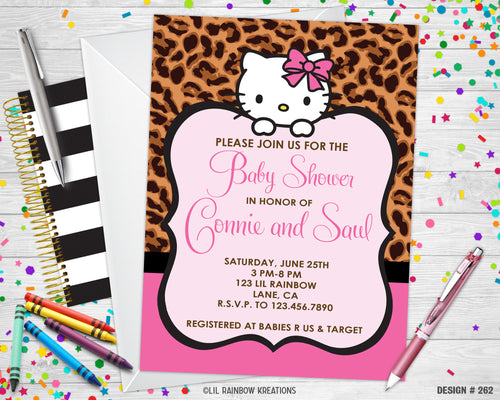 262 | Leopard Print Hello Kitty Baby Shower Invitation & Thank You Card