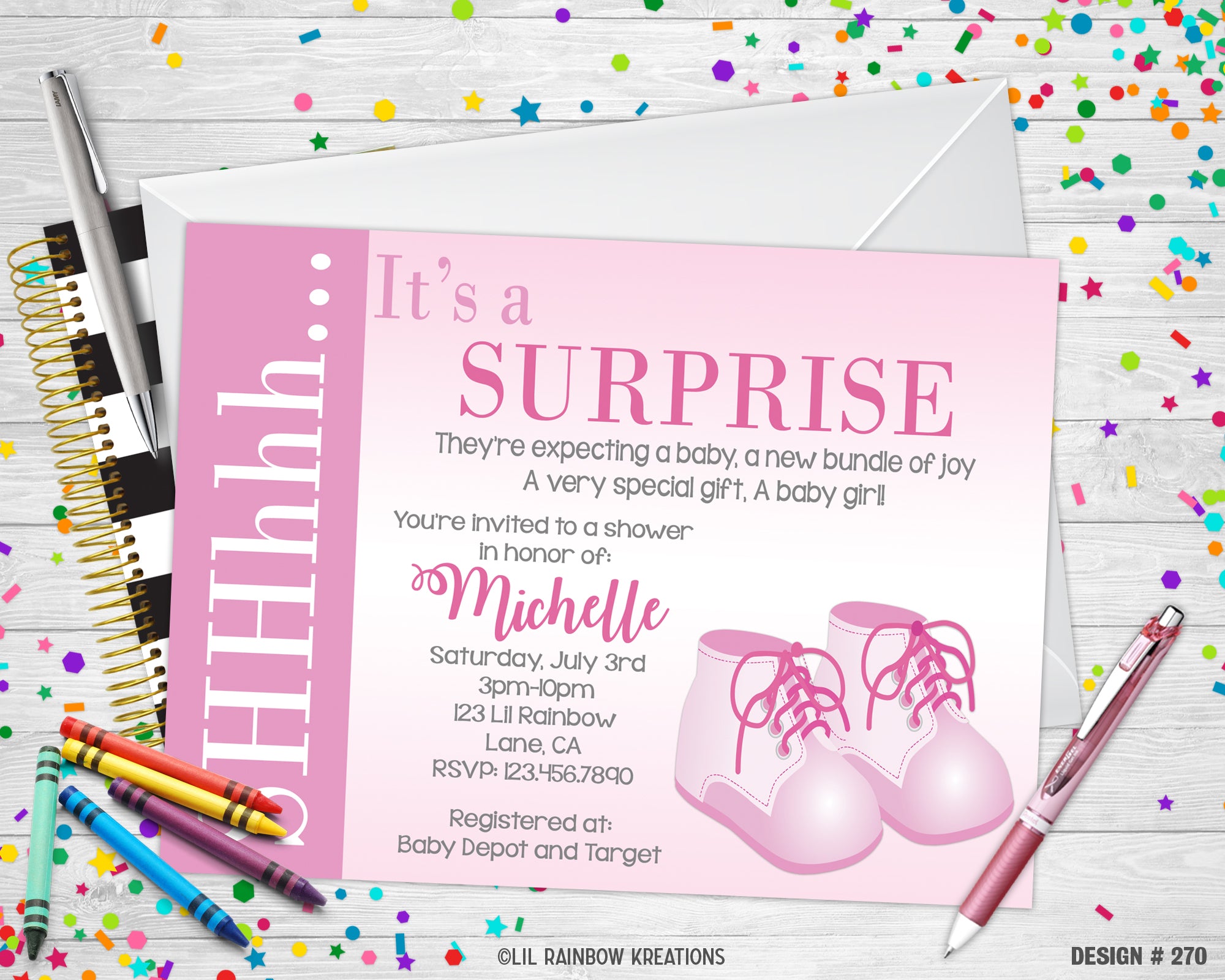 270 | Pink Baby Shoes Baby Shower Invitation \u0026 Thank You Card, image size:2000x1600