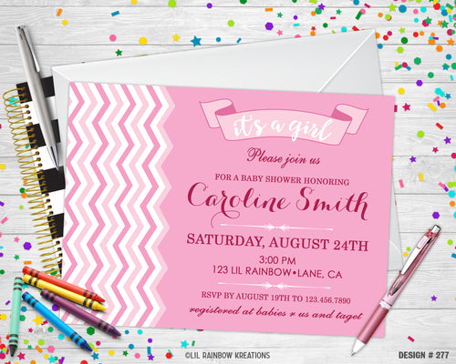 277 | Pink Chevron Baby Shower Invitation & Thank You Card