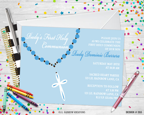 283 | Blue Rosary First Communion Party Invitation & Thank You Card