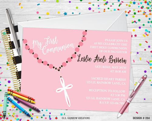 284 | Pink Rosary First Communion Party Invitation & Thank You Card