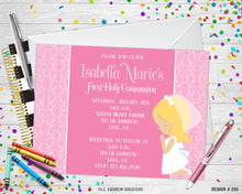 Load image into Gallery viewer, 285 | Pink Damask First Communion Party Invitation &amp; Thank You Card