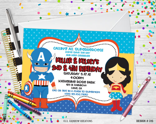 315 | Captain America & Wonder Woman Party Invitation & Thank You Card