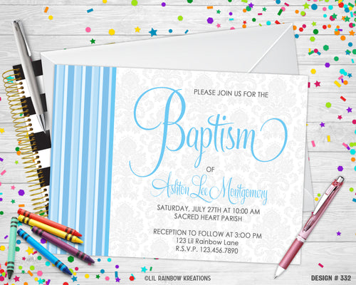 332 | Baby Blue Damask Baptism Party Invitation & Thank You Card