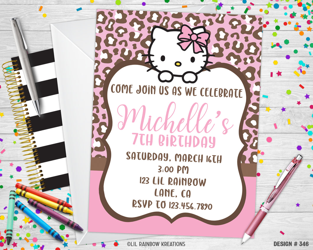 346 | Leopard Print Hello Kitty Party Invitation & Thank You Card