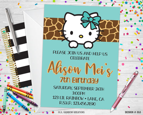 353 | Giraffe Print Hello Kitty Party Invitation & Thank You Card