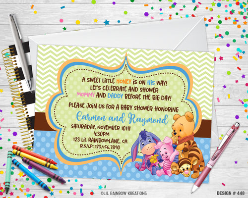 448 | Winnie The Pooh & Friends Baby Shower Invitation & Thank You Card