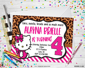 468 | Leopard Print Hello Kitty Party Invitation & Thank You Card