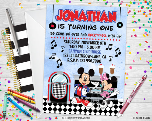 476 | Mickey & Minnie's Sock Hop Party Invitation & Thank You Card