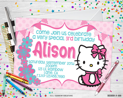 486 | Pink Hello Kitty Party Invitation & Thank You Card