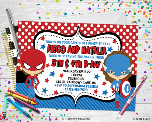 491 | Spiderman & Captain America Party Invitation & Thank You Card
