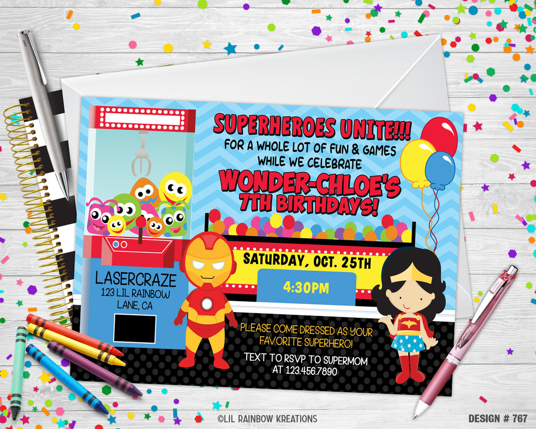 767 | Wonder Woman & Iron Man Party Invitation & Thank You Card