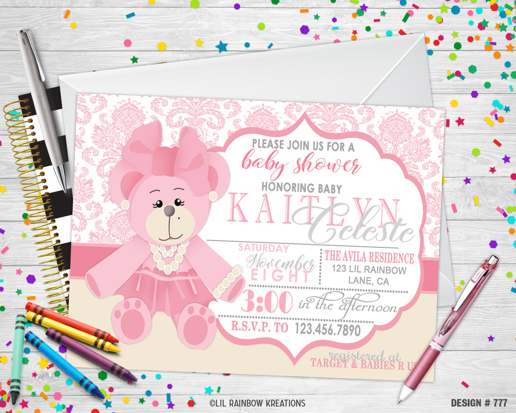 777 | Pink Teddy Bear Baby Shower Invitation & Thank You Card