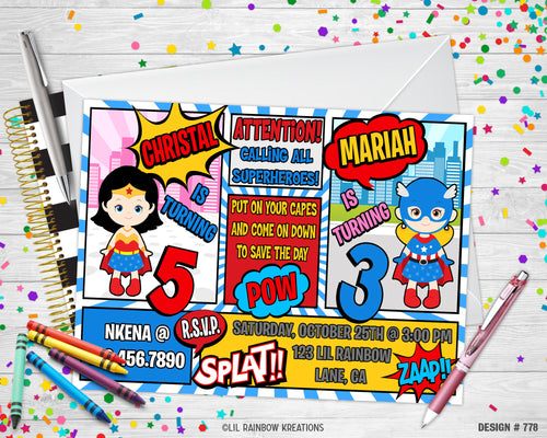 778 | Wonder Woman & Captain America Party Invitation & Thank You Card