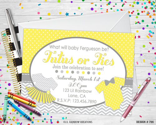 796 | Tutus Or Ties Gender Reveal Invitation & Thank You Card