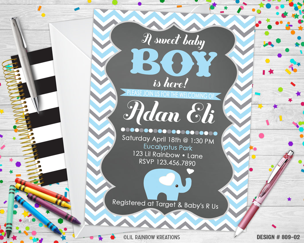 809-2 | Elephant Baby Shower Invitation & Thank You Card