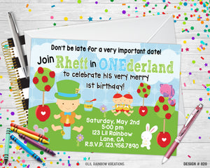 820 | Mad Hatter In Onederland Party Invitation & Thank You Card