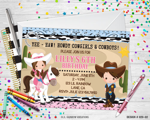 829-2 | Cowgirl Party Invitation & Thank You Card