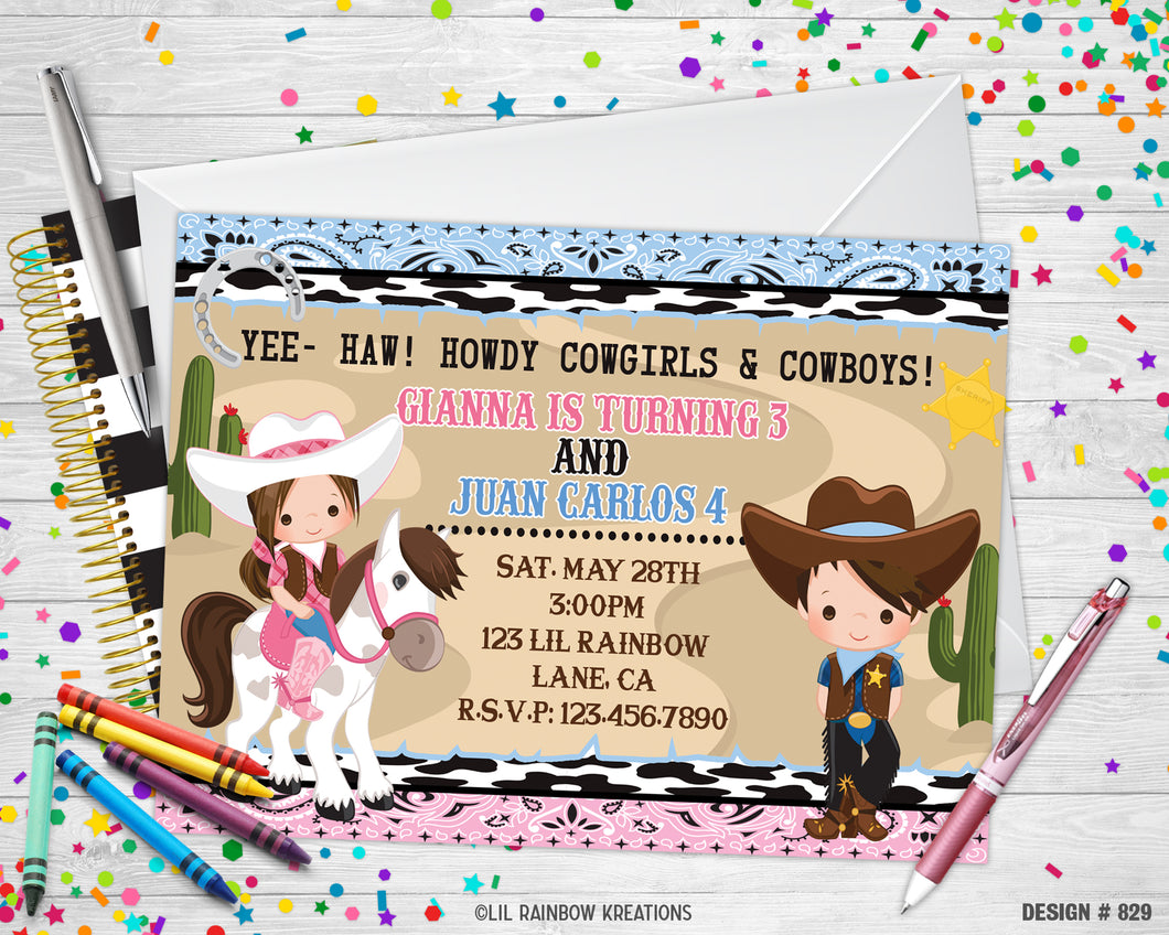 829 | Cowgirl & Cowboy Party Invitation & Thank You Card