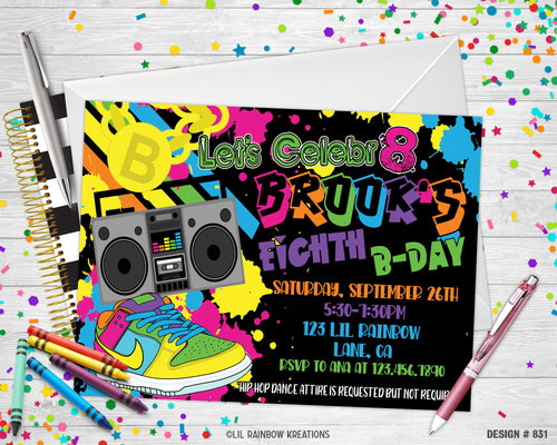 831 | 80's Hip Hop Party Invitation & Thank You Card