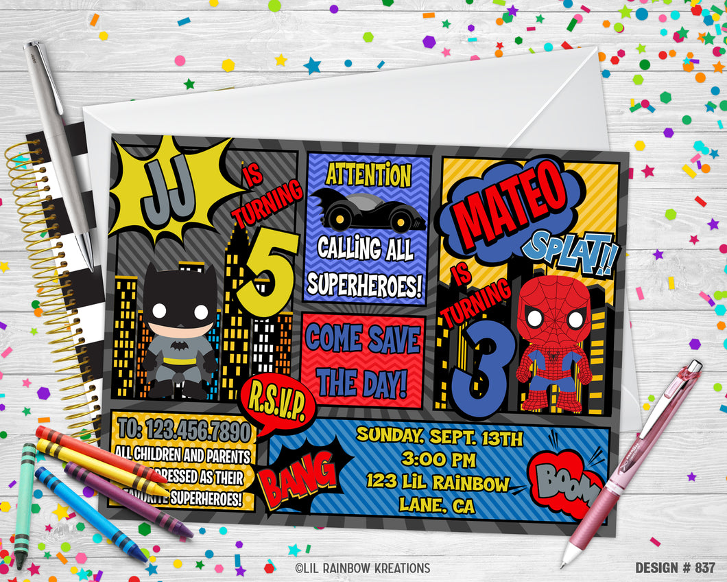 837 | Batman & Spideman Party Invitation & Thank You Card