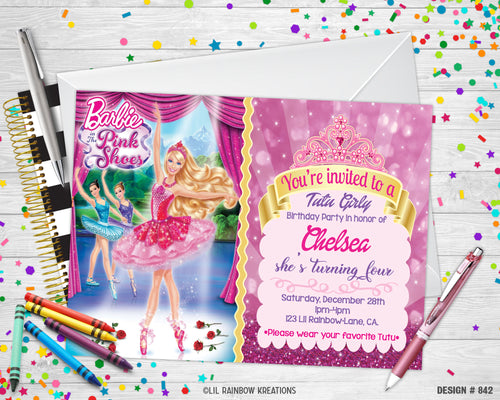 842 | Barbie & The Pink Shoes Party Invitation & Thank You Card