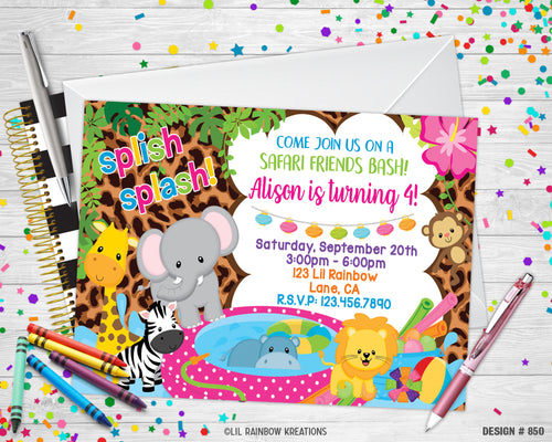 850 | Splish Splash Jungle Friends Party Invitation & Thank You Card