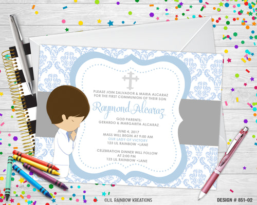 851-2 | Blue Damask First Communion Party Invitation & Thank You Card