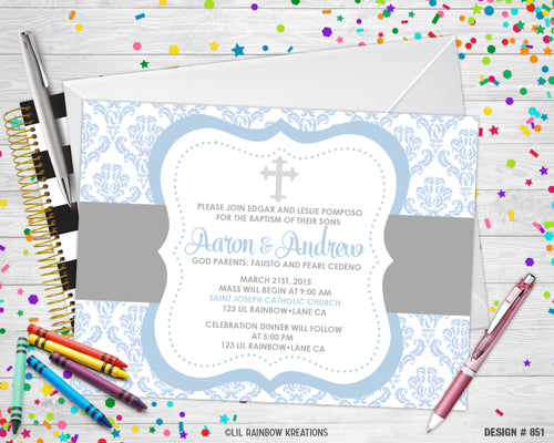851 | Blue Damask Baptism Party Invitation & Thank You Card